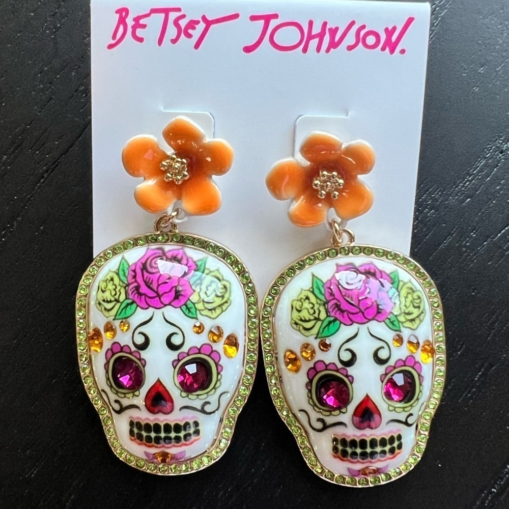 NWT BETSEY JOHNSON HOLA TO LOVE SKULL FLOWER DROP EARRINGS - MULTI | OS - Picture 2 of 4